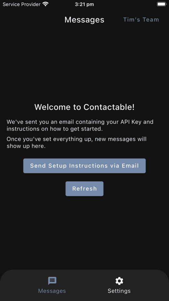 Contactable welcome screen with setup instructions